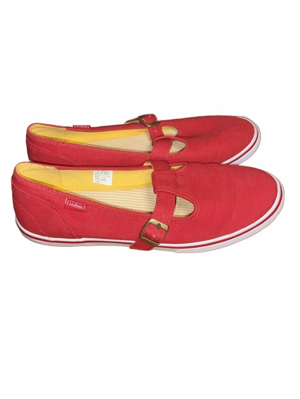 L.L.Bean Red White Canvas Mary Jane Shoes Size 8 Grandma Spring Summer Buckle